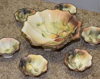 Porcelain hand painted Nippon 7 pieces one master nut bowl Dish & 6 nut cups