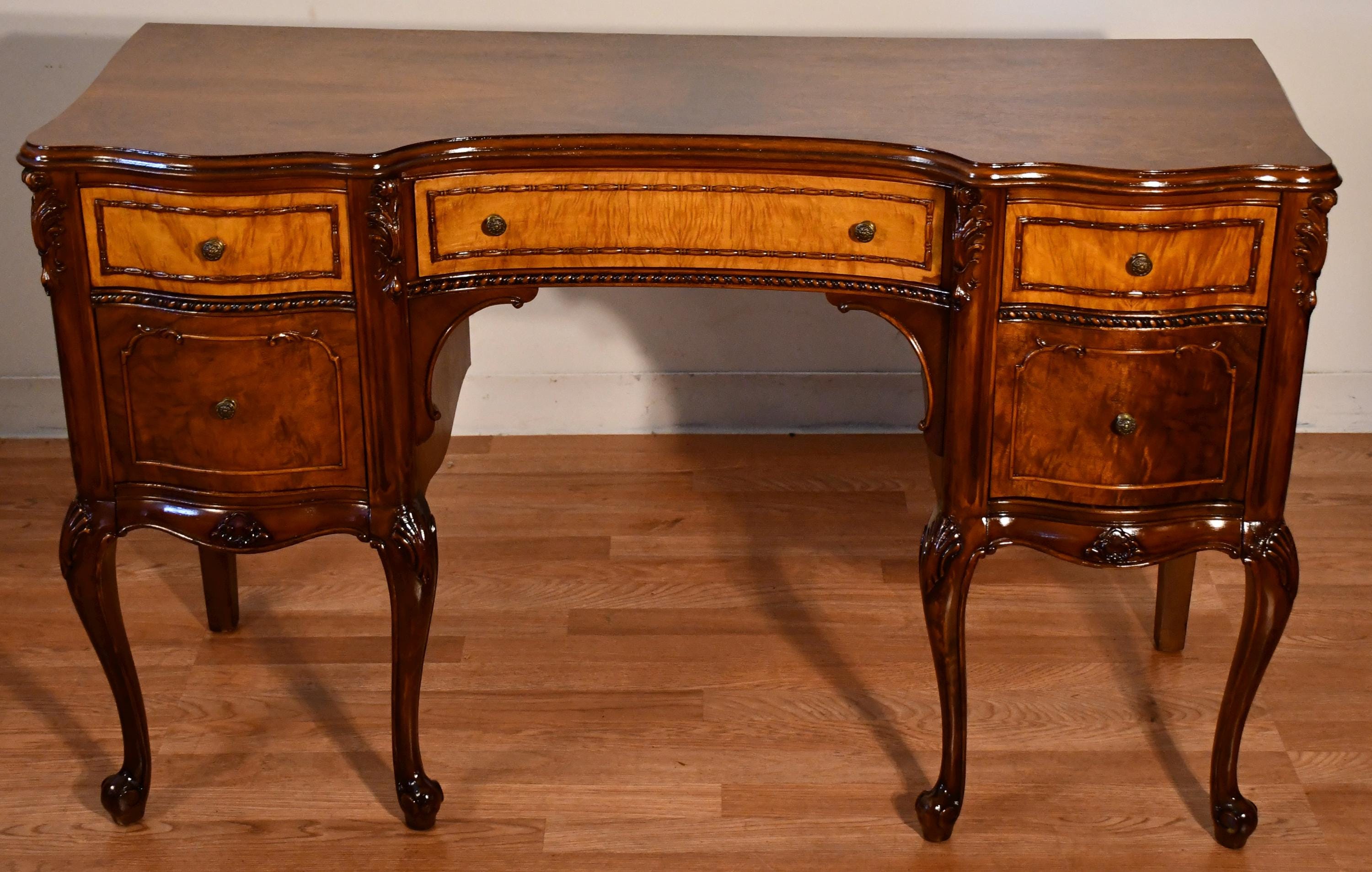 1930s French carved Walnut & Satinwood Vanity / ladies Desk / Makeup table