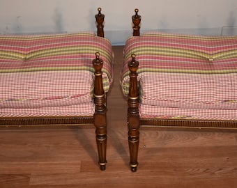 1920 Antique French Louis XVI Style Fruitwood pair of Benches / New Upholstery