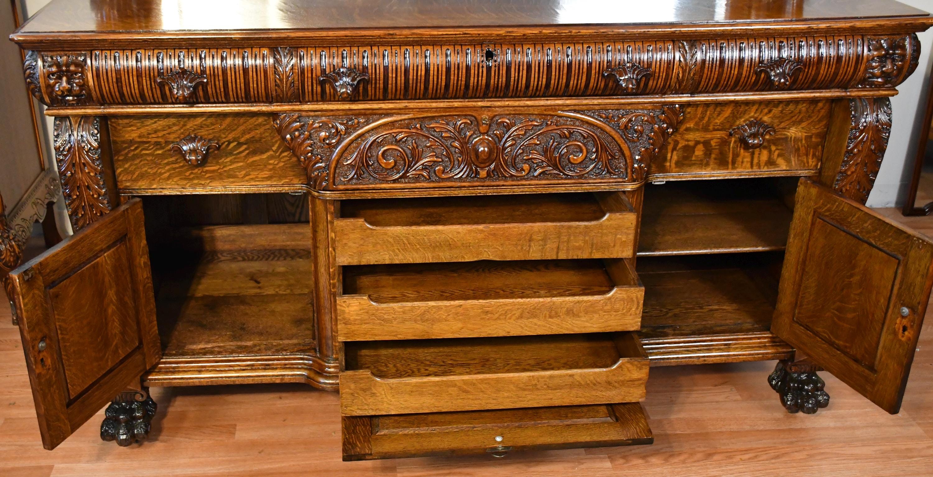 1890s Antique RJ Horner Tiger Oak Carved Winged Griffin Server