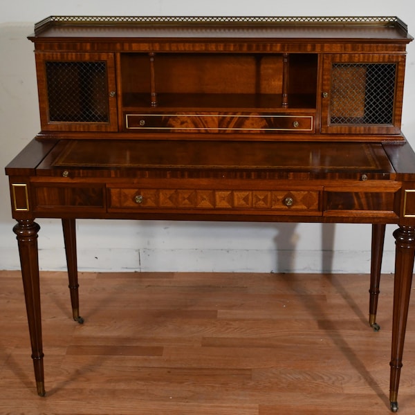 1930s Wieman Hepplewhite Style leather top Mahogany Inlaid Writing Desk with Bookcase