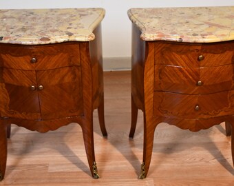 1900 Antique French Louis XV Walnut inlaid Marble top Nightstands Bedside tables