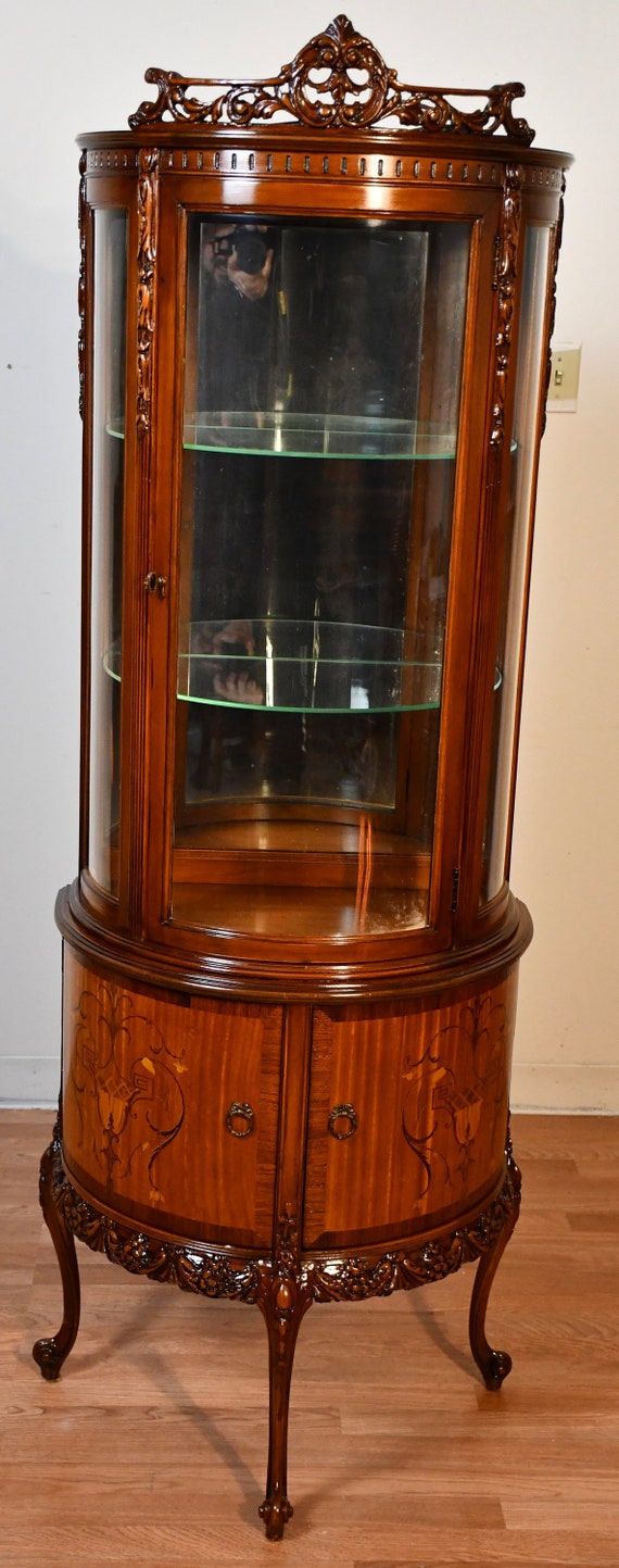 1920 Antique French Louis XV Walnut & Satinwood China Display Cabinet /  Vitrine - Etsy