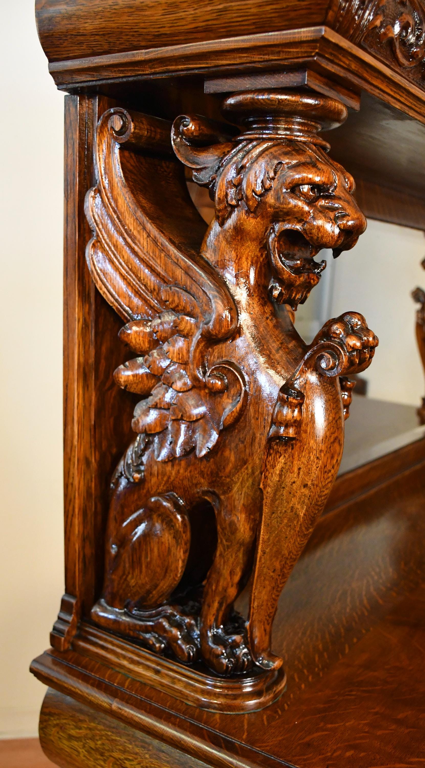 1890s Antique RJ Horner Tiger Oak Carved Winged Griffin Server