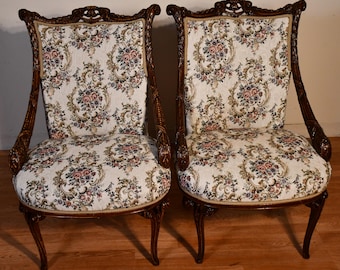 1930s pair of French Mahogany spring-seat Living Room side Fireplace Chairs