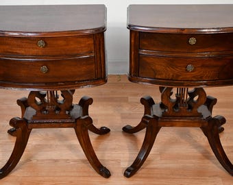1920s Duncan Phyfe Mahogany Lyre Base PAIR of nightstands / bedside tables