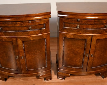 1930 Pair of English Regency Burl Walnut Nightstands / bedside tables / commodes