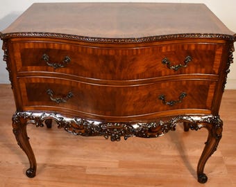 antique 1920 Louis XV Burl Walnut Lowboy Chest Banded satinwood carving two drawers