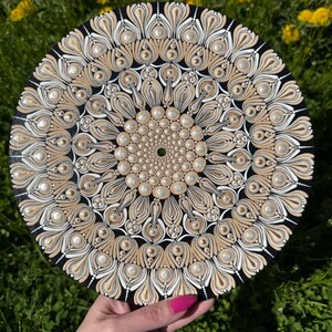 Handpainted Dot Mandala Vinyl Record Art: Beige & Gold Decor