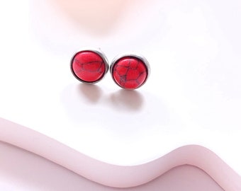 Ear studs red howlite gemstone 8 mm earrings