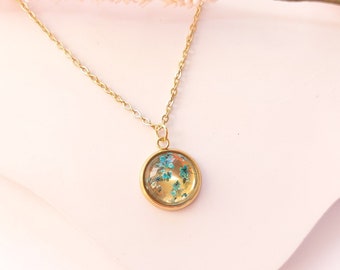 Real dried flowers turquoise blue necklace gold