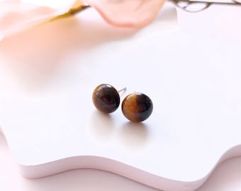 Stud earrings tiger eye brown gemstone earrings