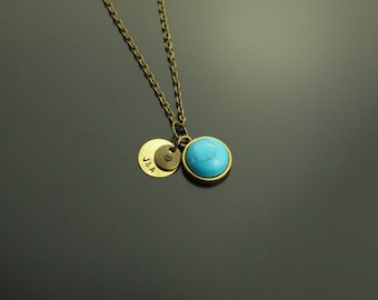 Chain Pendant letter Gemstone Turquoise Blue