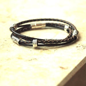 Bracelet leather silver wrap bracelet brown black