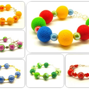 May include: Six colourful bracelets made of round beads. The bracelets are made of different materials, including glass, ceramic, and metal. The bracelets are all different colours, including yellow, green, blue, red, and pink.