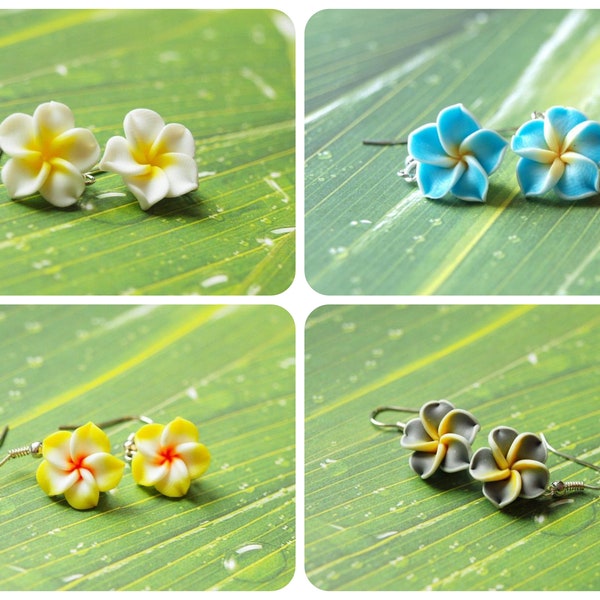 Boucles d'oreilles de choix Frangipani Flower Blossom Polymère Clay Hawaii Yellow Blue White Grey Fimo Boucles d'oreilles