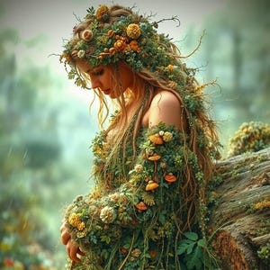May include: A woman adorned with a floral crown and a dress of leaves, flowers, and mushrooms. Her long hair cascades down, blending with the natural elements. The image evokes a sense of nature and fantasy, with a soft, blurred background.