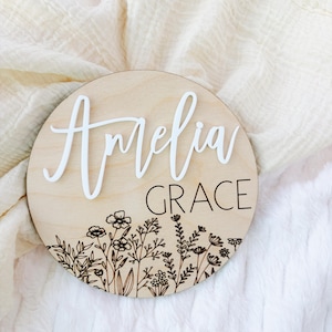 Boho Wildflower Baby Name Announcement Sign: Engraved Wood Nursery Decor with 3D Name