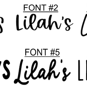 Puede incluir: Imagen que muestra seis estilos de fuente diferentes para el nombre "Lilah's". Cada fuente se muestra en negro, con el texto "FONT #" encima de cada estilo. Las fuentes var&iacute;an desde letras en bloque en negrita hasta cursivas elegantes, ofreciendo una gama de opciones de dise&ntilde;o.