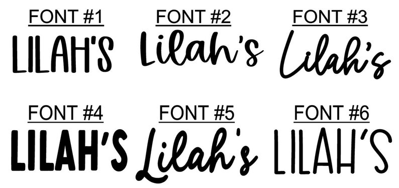 Puede incluir: Imagen que muestra seis estilos de fuente diferentes para el nombre "Lilah's". Cada fuente se muestra en negro, con el texto "FONT #" encima de cada estilo. Las fuentes var&iacute;an desde letras en bloque en negrita hasta cursivas elegantes, ofreciendo una gama de opciones de dise&ntilde;o.