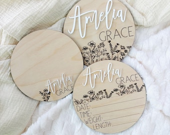 Wooden Baby Name Sign: 3D Painted Name, Birth Stats, Newborn Photo Prop