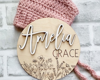 Boho Baby Name Announcement Sign/ Wildflower Name Circle/ Engraved Baby Name Circle/Birth Announcement Sign/ 3D Wildflower Baby Name Sign