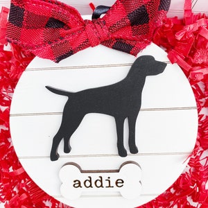 May include: A white wooden dog ornament with a black silhouette of a dog and the name "addie" on a bone-shaped tag. The ornament has a red and black plaid bow and is surrounded by red paper shreds.
