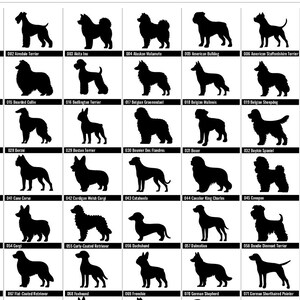 May include: A grid of black dog silhouettes, each labeled with a breed name and number. Breeds include Afghan Hound, Beagle, Boxer, and German Shepherd. Ideal for dog lovers and breed identification.