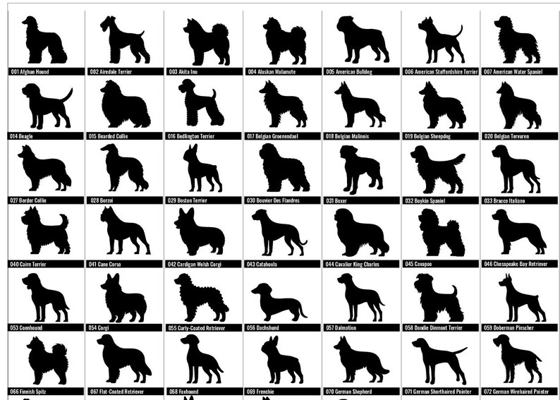 May include: A grid of black dog silhouettes, each labeled with a breed name and number. Breeds include Afghan Hound, Beagle, Boxer, and German Shepherd. Ideal for dog lovers and breed identification.