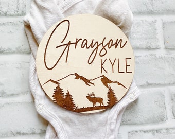 Mountain Baby Name Sign/ Baby Boy Name Sign/ Engraved Mountain Baby Name Circle/ Baby Boy Gift/ Rustic Birth Announcement/ Baby Shower Gift