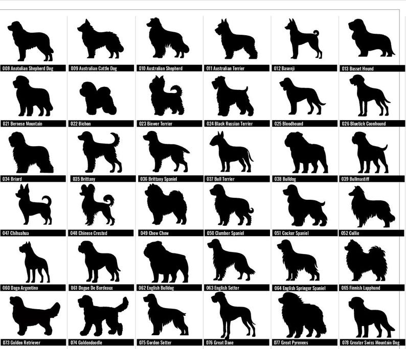 May include: A grid of black dog silhouettes, each labeled with a breed name and number. Breeds include Anatolian Shepherd Dog, Australian Cattle Dog, and Golden Retriever. Ideal for dog lovers and breed identification.