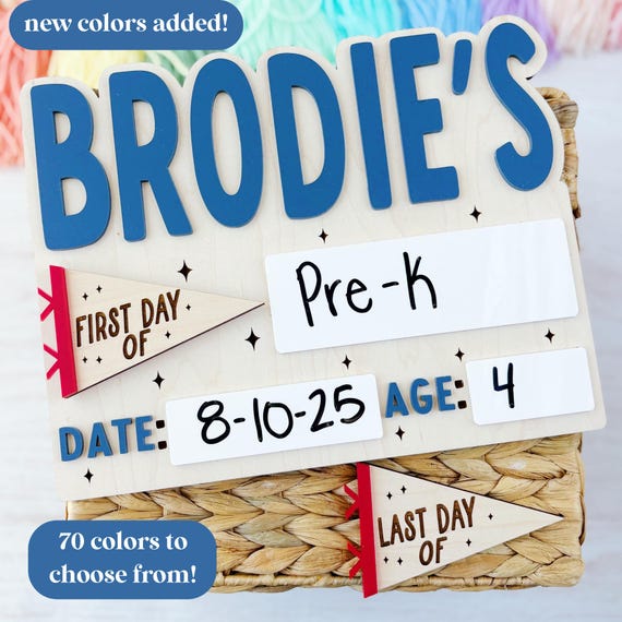 Personalized Pennant Flag First Day of School Sign, Interchangeable, Photo Prop, Maple Wood Acrylic