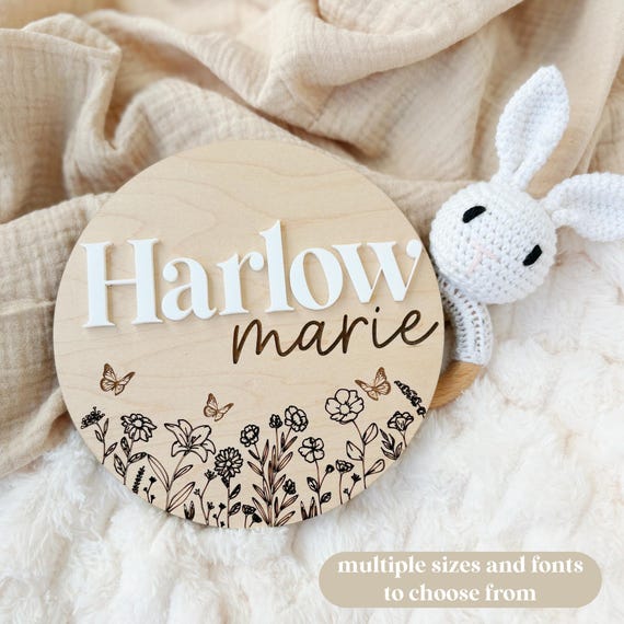 Custom Wildflower Baby Name Sign: 3D Acrylic and Maple Wood Nursery Decor