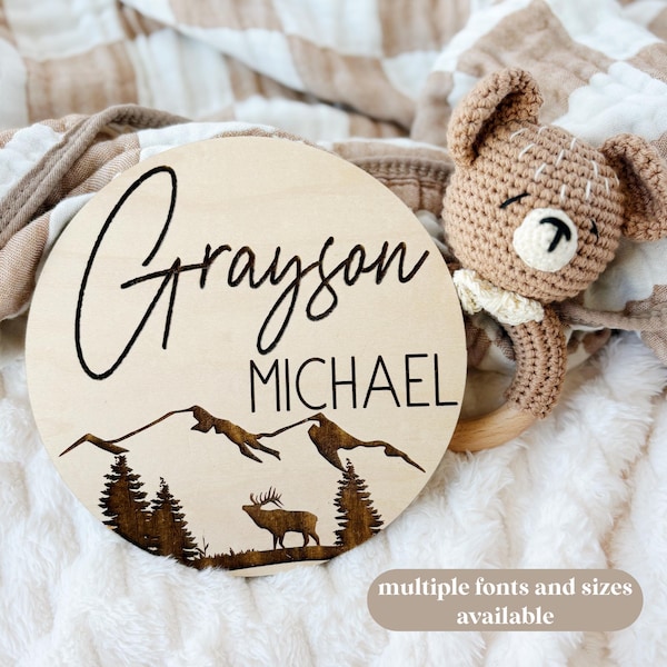 Engraved Mountain Baby Name Sign: Rustic Woodland Nursery Decor