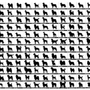 May include: A grid of black dog silhouettes on a white background. The image features various dog breeds, each in a side profile, including breeds like Poodles, German Shepherds, and Dachshunds. The silhouettes are detailed and uniform in style.