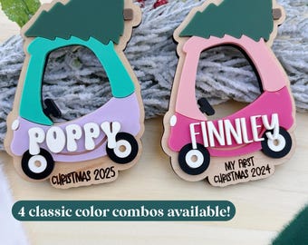 My First Christmas Ornament, Personalized Holiday Cozy Coupe Tag for Kids, 4 Color Options
