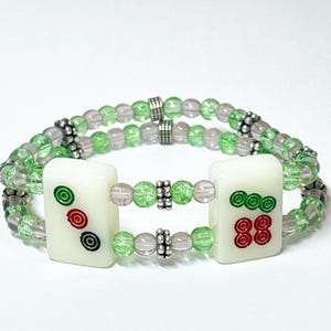Double Row Stretch Bracelet ~ Mini Miniature Mahjong Mahjongg Mah Jongg Tiles ~ 3 & 7 Dot ~ Green and Pink Crystal Beads, Silver Spacers
