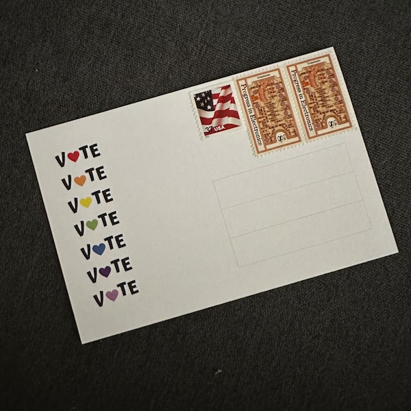 Stamps affixed: 100 Postcards to Voters Vote Hearts