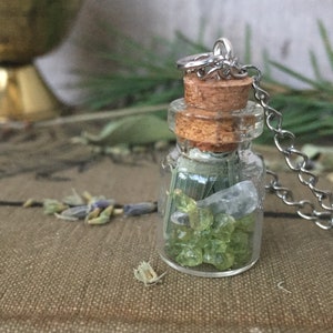 Glass Vial Necklace w/ Peridot, Clear Quartz, Mountain Mint, and Lemongrass Necklace 22&quot; | Unusual Jewelry | CANNOT Remove Cork