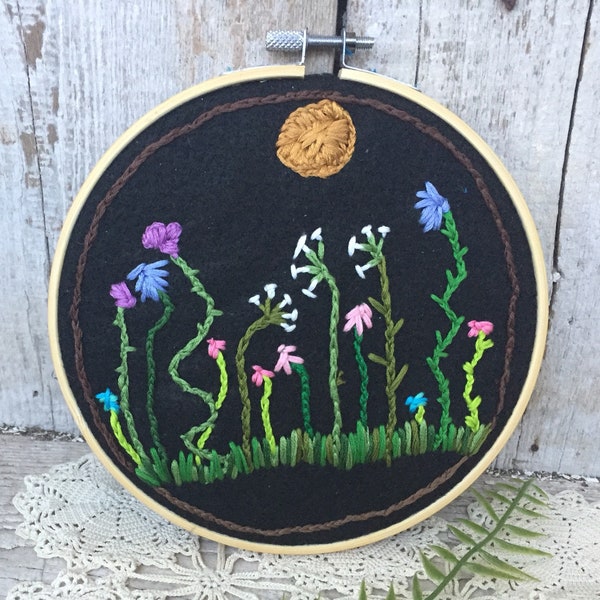 Moon & Flowers/Herbs Night Scene Embroidery | Ready to Hang Original Freehand Embroidery Hoop OOAK