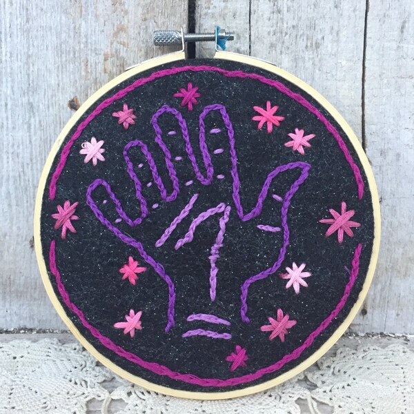 Palmistry Embroidery Pink & Purple Glitter Background | Ready to Hang Original Freehand Embroidery Hoop OOAK