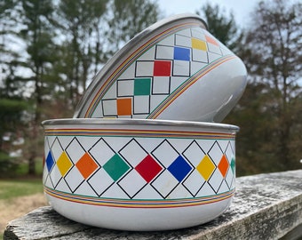 2 Different Size Vintage Enamel Dishes White Primary Colors Colorful Harlequin Pattern 6 1/2" x 6 1/2" & 7 1/4" x 7 1/4" Scratches