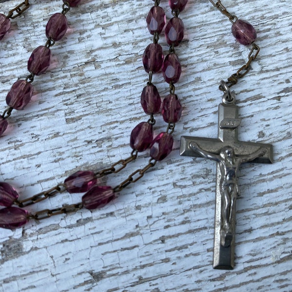 Vintage Purple Beaded Rosary | Plastic, Bronze Tone Chain, Silver Tone Cross