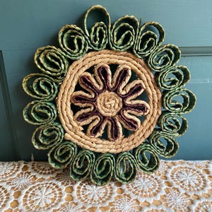 Vintage Green & Tan Round Straw Trivet | One 7&quot; x 7&quot; Vintage Raffia Straw Hot Pad Trivet Woven Style | Unique, Kitschy, Grandmacore