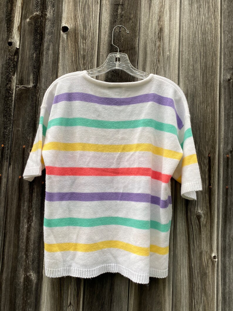 1980s 1990s Petite Pastel Rainbow White Vintage Sweater Seafoam Green Yellow Pink Purple image 3