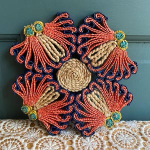 Vintage Pink & Dark Blue Round Straw Trivet | One 7&quot; x 7&quot; Vintage Raffia Straw Hot Pad Trivet Woven Style | Unique, Kitschy, Grandmacore