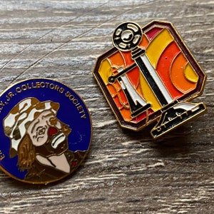Two Vintage Enamel Pins - Clown & Old Fashioned Telephone Art Deco -- Emmett Kelly Collector / Phone Union?