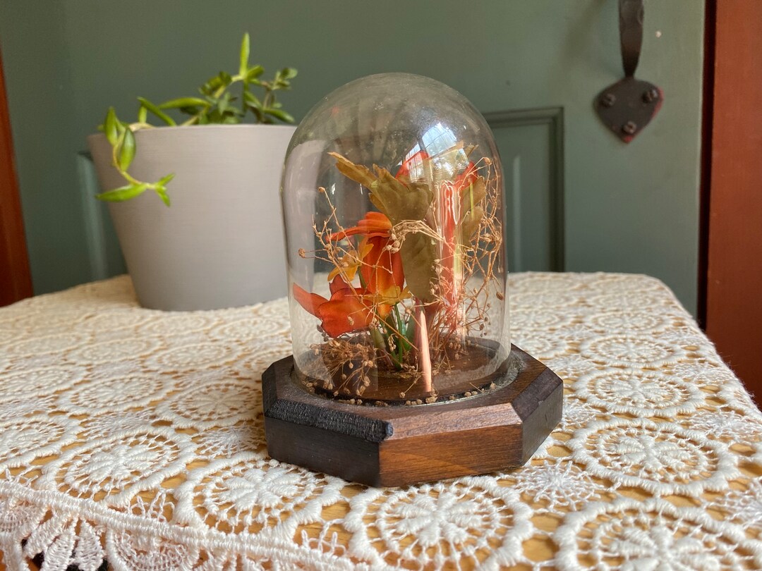 Orange Flowers Under Glass Dome Decoration Vintage Orange Fake Flowers Display 5 Tall Etsy