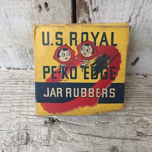 Antique Pe-Ko Edge Jar Rubbers U.S. Royal Box Dented | United States Rubber Company | Farmhouse Decorative Yellow Advertising Cardboard Box