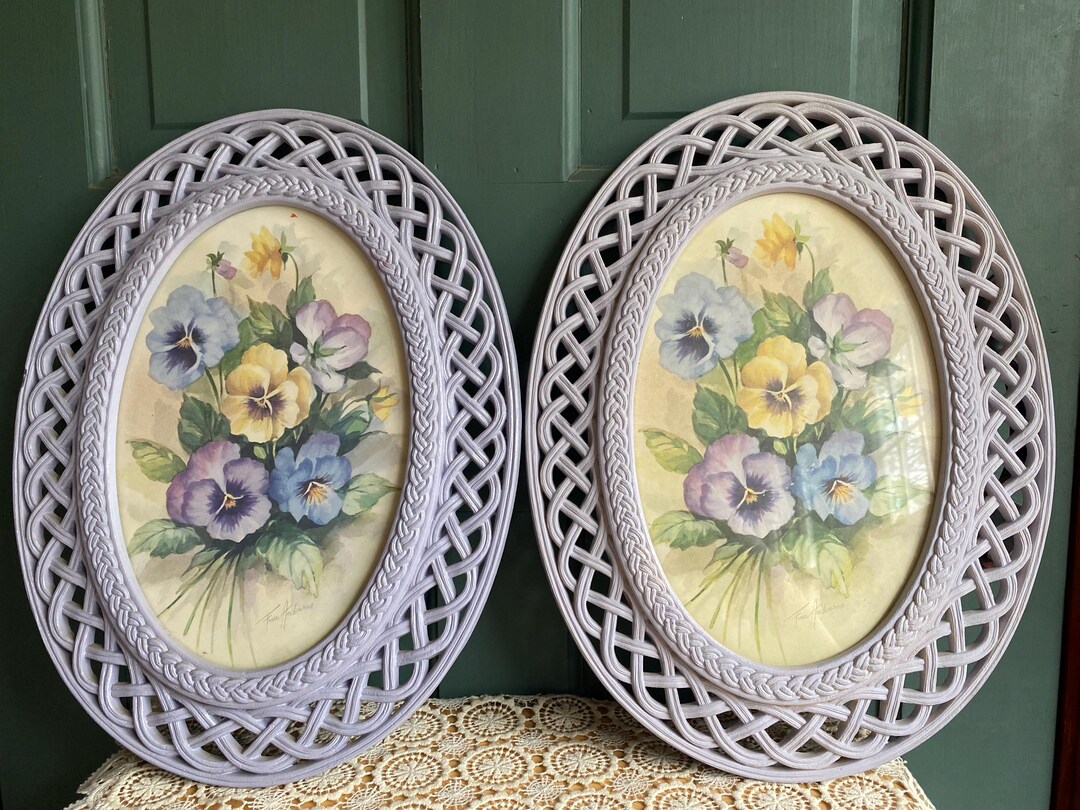 Pair of Homco Lattice Frame Oval Pictures Lavendar and Pansies Flower ...